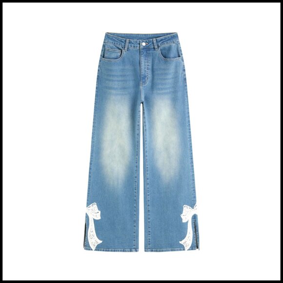 Baggy Wide Leg Jeans Mid Rise Straight Leg Denim Pants with Bow Details Y2K